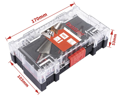 Patfield Werkzeugsatz in transparenter Kunststoffbox mit den Maßen 170 mal 103 mal 53 Millimeter.