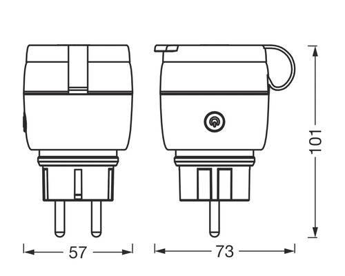 Abmessungen eines Steckers: 57 x 73 x 101 Millimeter