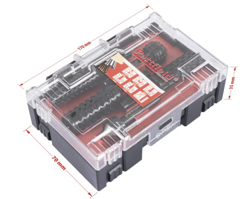 Pattfield Werkzeug Set im transparenten Kasten mit Größenangaben