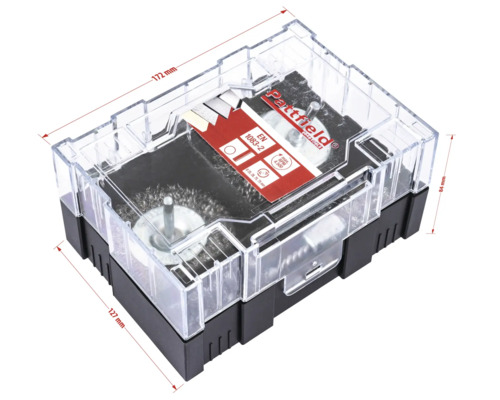 Pattfield Drahtbürsten Set mit verschiedenen Bürstenaufsätzen in transparenter Verpackung mit Maßangaben