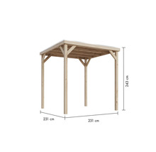 Quadratischer Pavillon aus Holz mit den Maßen 231 mal 231 Zentimeter und einer Höhe von 243 Zentimeter.
