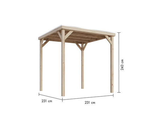 Quadratischer Pavillon aus Holz mit den Maßen 231 mal 231 Zentimeter und einer Höhe von 243 Zentimeter.