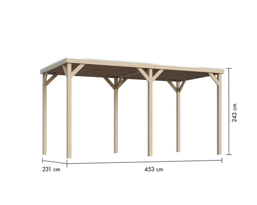 Holzcarport mit den Maßen 453 mal 231 mal 243 Zentimeter