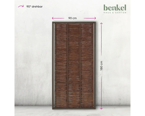 Benkel Logo, Sichtschutzelement aus Weide mit Rahmen, 90 cm breit und 180 cm hoch, um 90 Grad drehbar
