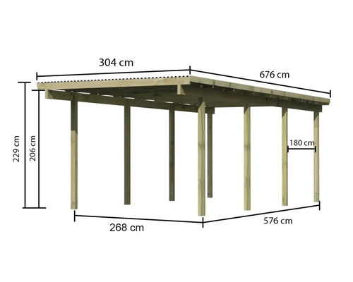Illustration eines Holzcarports mit Maßangaben