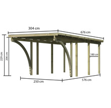 Abmessungen einer Holzüberdachung mit den Maßen 304 cm mal 676 cm für das Dach, 250 cm mal 576 cm für die Grundfläche, sowie 229 cm und 206 cm für die Höhe.