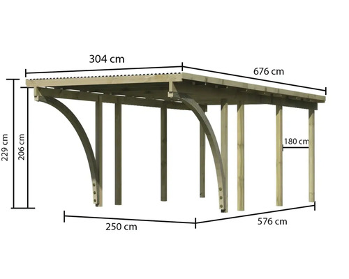 Abmessungen einer Holzüberdachung mit den Maßen 304 cm mal 676 cm für das Dach, 250 cm mal 576 cm für die Grundfläche, sowie 229 cm und 206 cm für die Höhe.