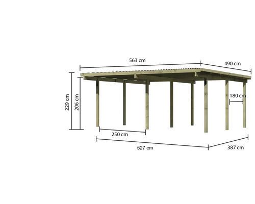 Abmessungen des Holzcarports: 563 x 490 x 229 cm