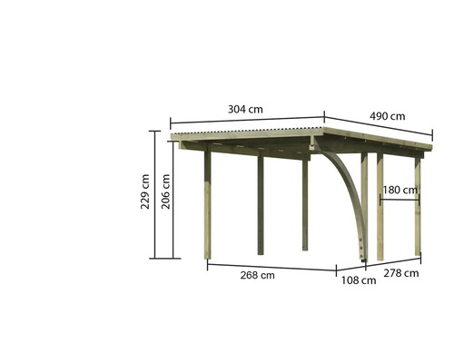 Abmessungen eines Holzcarports mit einer Breite von 304 Zentimetern und einer Länge von 490 Zentimetern