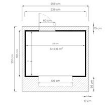 Grundrisszeichnung mit Maßangaben in Zentimetern und Quadratmetern