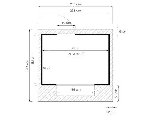 Grundrisszeichnung mit Maßangaben in Zentimetern und Quadratmetern
