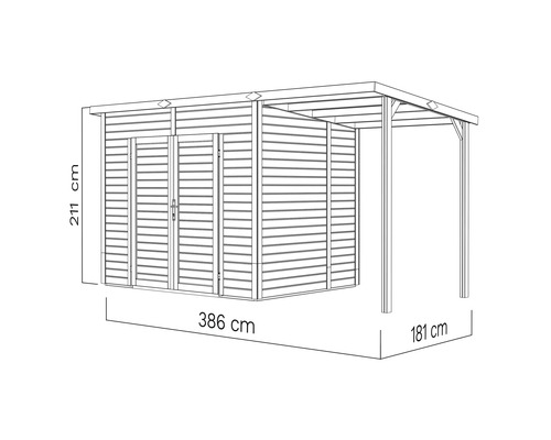 Abbildung eines Gerätehauses mit Abmessungen: 211 cm Höhe, 386 cm Breite und 181 cm Tiefe.