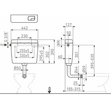 Technische Zeichnung eines Spülkastens mit Maßangaben