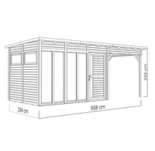 Illustration eines Gartenhauses mit Abmessungen von 234 cm Breite, 558 cm Länge und 233 cm Höhe
