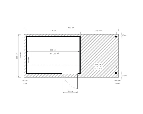 Grundrisszeichnung eines Gartenhauses mit Maßangaben