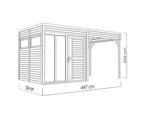 Abbildung eines Gartenhauses mit Carport und Maßangaben