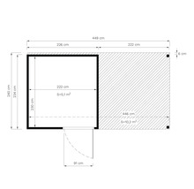 Technische Zeichnung eines Gartenhauses mit Maßangaben
