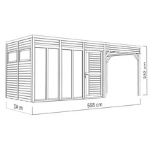 Abbildung eines Gartenhauses mit Carport und Maßangaben