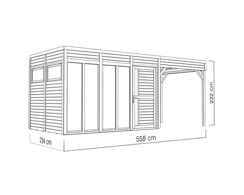 Zeichnung eines Gartenhauses mit Carport und Maßangaben
