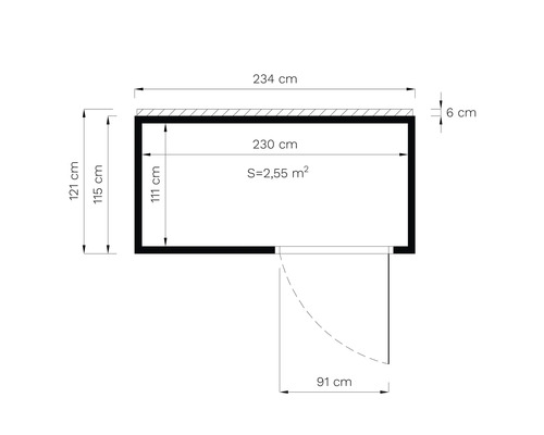 Grundriss mit den Maßen 234 Zentimeter Breite, 121 Zentimeter Höhe und einer Fläche von 2,55 Quadratmetern.