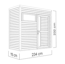 Zeichnung eines Gartenhauses mit den Maßen 115 cm x 234 cm x 232 cm