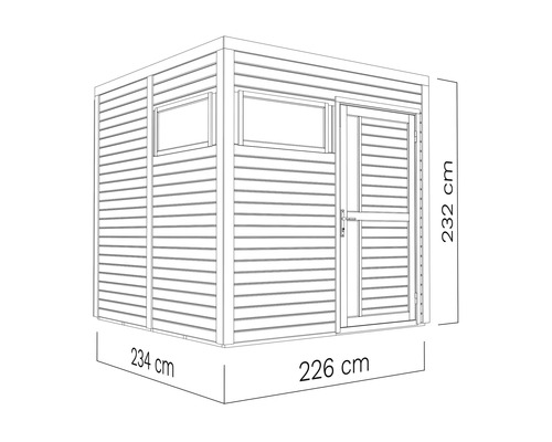 Illustration eines Gartenhauses mit den Maßen 234 x 226 x 232 cm