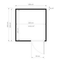 Technische Zeichnung eines Gartenhauses mit den Maßen 240 x 226 Zentimeter und einer Grundfläche von 5,1 Quadratmetern.