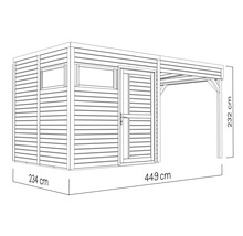 Illustration eines Gerätehauses mit Überdachung und Maßangaben: 234 cm breit, 449 cm lang und 232 cm hoch.