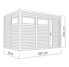Draufsicht eines Gartenhauses mit den Maßen 234 cm, 337 cm und 232 cm