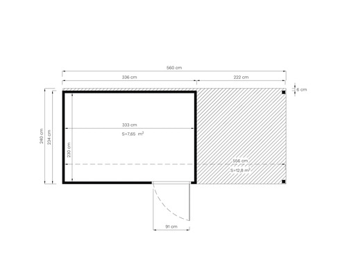 Grundrisszeichnung eines Gartenhauses mit Abmessungen
