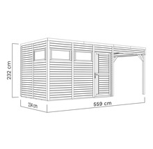 Abbildung eines Gartenhauses mit den Maßen 234 cm x 559 cm x 232 cm