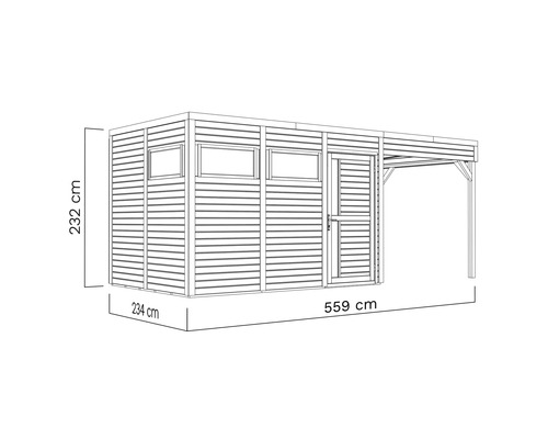Abbildung eines Gartenhauses mit den Maßen 234 cm x 559 cm x 232 cm