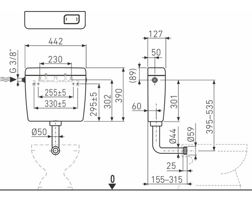 Technische Zeichnung eines Spülkastens mit Maßangaben