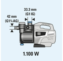 Technische Zeichnung einer Wasserpumpe mit Angabe der Anschlussmaße und Leistung von 1100 Watt