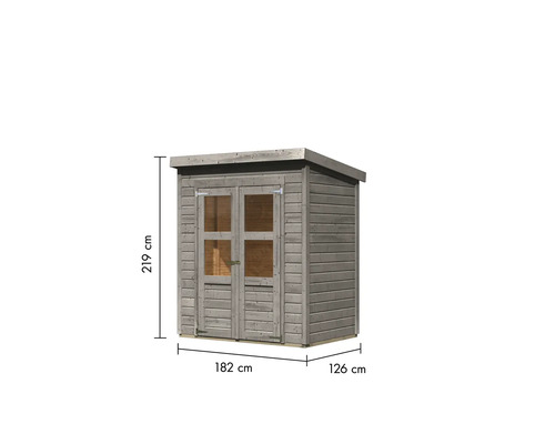Holzgartenhaus mit Doppeltür und den Maßen 219 cm Höhe, 182 cm Breite und 126 cm Tiefe.