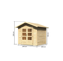 Holzgartenhaus mit Doppeltür und Größenangaben