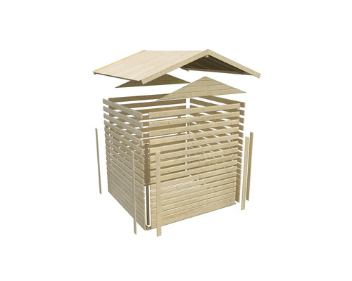 Explosionsdarstellung eines Gartenhauses aus Holz