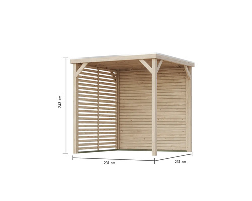Holzpavillon mit den Maßen 231 mal 231 mal 243 Zentimeter.