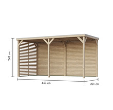 Holzcarport mit den Maßen 453 cm mal 231 cm und einer Höhe von 243 cm