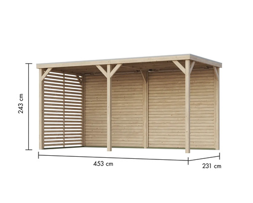 Holzcarport mit den Maßen 453 cm mal 231 cm und einer Höhe von 243 cm