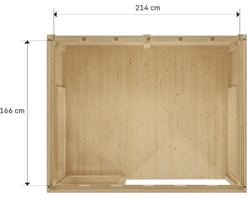 Innenansicht eines Holzgartenhauses mit den Maßen 214 mal 166 Zentimeter.