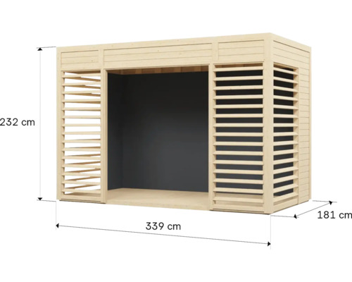 Holz Pavillon mit den Maßen 232 cm Höhe, 339 cm Breite und 181 cm Tiefe.