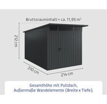 Abmessungen des Gerätehauses mit Pultdach: 212 Zentimeter Höhe, 310 Zentimeter Breite, 214 Zentimeter Tiefe und einem Bruttorauminhalt von circa 11,95 Kubikmetern