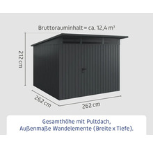 Abmessungen eines Gerätehauses mit Pultdach: 212 cm Höhe, 262 cm Breite und Tiefe. Das Bruttorauminhalt beträgt circa 12,4 Kubikmeter.