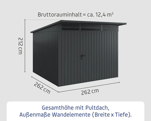 Abmessungen eines Gerätehauses mit Pultdach: 212 cm Höhe, 262 cm Breite und Tiefe. Das Bruttorauminhalt beträgt circa 12,4 Kubikmeter.