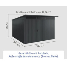 Abbildung eines Gartenhauses mit den Maßen 310 cm Breite, 310 cm Tiefe und 212 cm Höhe.