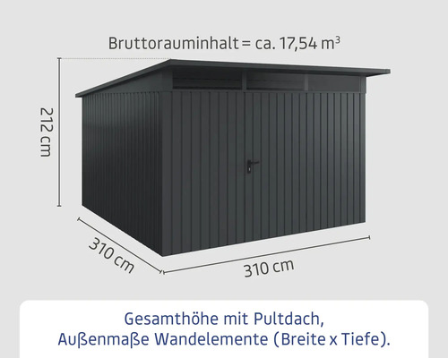 Abbildung eines Gartenhauses mit den Maßen 310 cm Breite, 310 cm Tiefe und 212 cm Höhe.