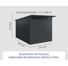Abmessungen Gartenhaus: Höhe 212 cm, Breite 310 cm, Tiefe 214 cm