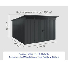 Abmessungen Gartenhaus mit Pultdach, Gesamtvolumen circa 17,54 Kubikmeter