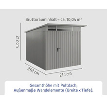Abmessungen eines Gerätehauses mit Pultdach, Breite 214 Zentimeter, Tiefe 262 Zentimeter, Höhe 212 Zentimeter.